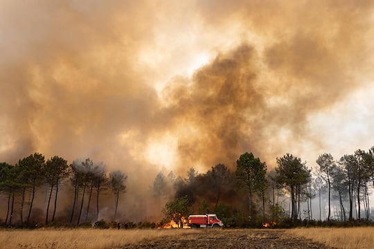 Le Temple, Sautuges Sud (33), le 26 juillet 2026 : incendie dans le secteur du Temple et de Saumos en Gironde. Reprise du feu et l'incendie progresse sur les parcelles voisines. Intervention des sapeurs pompiers de la Dordogne, vue sur les flammes embrasant les troncs des pins, la forÍt en feu et le nuage de fumÈe