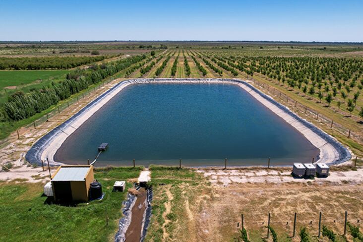 Aerial view of a water tank (pool) for irrigation in agriculture