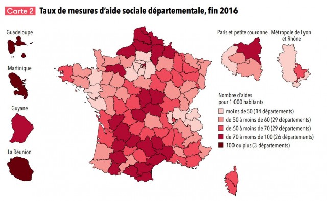 Cliquez sur l'image pour l'agrandir. Note > Les mesures d’aide sociale comprennent les allocataires du RSA (hors RSA jeunes) et du RSO, les mesures d’aide sociale aux personnes âgés, aux personnes handicapées et d’aide sociale à l’enfance. Lecture > Au niveau national, en décembre 2016, le taux de mesures d’aide sociale est de 62 pour 1 000 habitants. Sources > DREES, enquête Aide sociale 2016 ; CNAF ; CCMSA; Insee, estimations provisoires de population au 1er janvier (résultats arrêtés fin 2017).