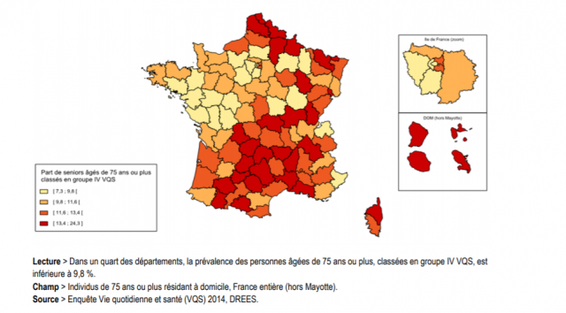 Part des seniors âgés de 75 ou plus vivant à domicile en groupe IV VSQ : la prévalence moyenne des personnes âgées très dépendantes au niveau national est de 12 %.
