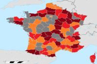 Pourcentage de gilets jaunes au début du mouvement rapporté proportionnellement à la population de chaque département.