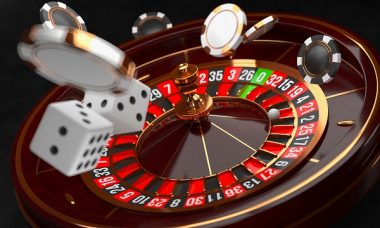 Casino background. Luxury Casino roulette wheel on black background. Casino theme. Close-up white casino roulette with a ball, chips and dice. Poker game table. 3d rendering illustration.