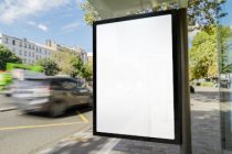 Outdoor bus stop advertisement mockup with cars