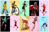 Sport collage about athletes or players. The tennis, running, badminton, rhythmic gymnastics, volleyball.