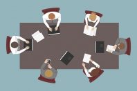 Teamwork. Top view of employees working at table. Vector.