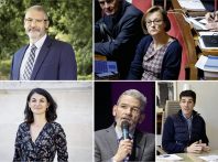 Eric Kerrouche, sénateur (PS) des Landes, Stella Dupont, députée (LREM) de Maine-et-Loire, Aurélie Trouvé, députée (LFI) de la Seine-Saint-Denis, Jean-François Vigier, maire (UDI) de Bures-sur-Yvette, Aurélien Pradié, secrétaire général de LR.