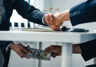 business people shaking hands and Give an under-the-table bribe