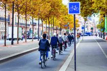 Cyclists on the bike path along the Seine in Paris. France