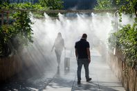 Portrait of people walking in urban park in sprayer installation