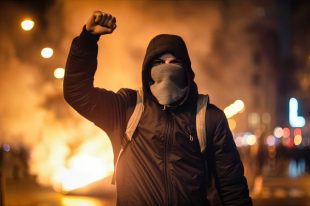A hooded protester during a night of rioting in Paris - generative ai