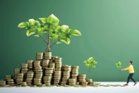Business people working with money trees in fund concept, in the style of nature painter, vector illustration.