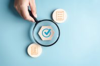 Document Management Checking System, online documentation database and process manage files, Magnifier check and focus to document folder, documentation. Corporate business technology concept.