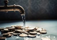 Water flows from an old rusty faucet onto gold coins. Generated AI