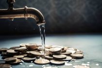 Water flows from an old rusty faucet onto gold coins. Generated AI