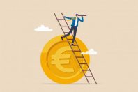 Europe economy forecast or vision, EU financial or economics recession ahead, look to see future concept, businessman investor climb up ladder on Euro money coin look on telescope for clear vision.
