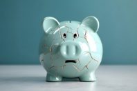 Financial and Economic Crisis Concept. Inflation, Recession, Inflation and Depression affect Savings Money. Crackked Ceramic Piggy Bank standing alone. Shocked Face. AI generative