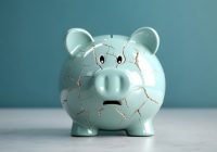 Financial and Economic Crisis Concept. Inflation, Recession, Inflation and Depression affect Savings Money. Crackked Ceramic Piggy Bank standing alone. Shocked Face. AI generative