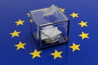Ballot box on a european union flag background. 3d illustration