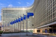 Row of EU Flags in front of the European Union Commission buildi