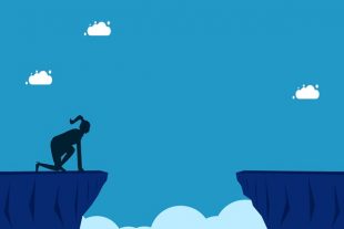 challenges against obstacles. Daring woman on cliff gap vector