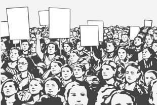 Black and white illustration of demonstrating crowd