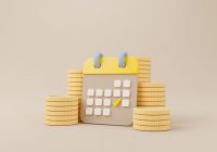 Calendar minimal simple design and gold coins stack on brown background. Time is money concept. Save money and investment. 3d rendering illustration