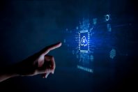 Ai technology analysis, hand point to AI icon network. AI technology Machine learning for data analysis and management, Data analysis using artificial intelligence is essential. Futuristic technology