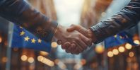 A Symbolic Handshake Wrapped in the European Union Flag, Embodying the Spirit of Cooperation and Unity, Generative AI