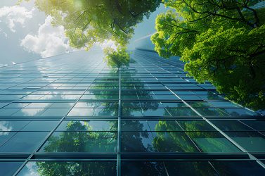 Un immeuble de bureaux et des arbres