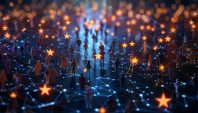 European Union connectivity depicted through a network of people and intricate star patterns on a dark background, representing dynamic EU integration