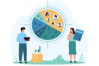 Customer segment analysis of marketing research. Tiny people analyze different segments of pie chart and consumers profiles in target aim, identify and find niche cartoon vector illustration