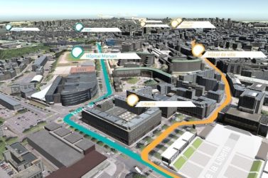 Le jumeau numérique de Brest Métropole (Finistère), réalisé et entretenu par une géomaticienne de la collectivité, 
permet ici de modéliser le parcours d’une ligne de tramway et les espaces attenants à valoriser.