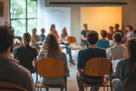 public forum or town hall meeting with citizens engaging in disc