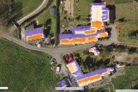 Extrait du cadastre solaire du Sydela. « Cadastre mutualisé à l’échelle du département par le
syndicat d’énergie de Loire-Atlantique (Sydela) : en violet, les parties de toitures non favorables,
en orange, les parties favorables, d’autant plus que la couleur est foncée ».