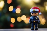 Santa hat toy cop by holiday lights
