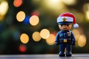 Santa hat toy cop by holiday lights