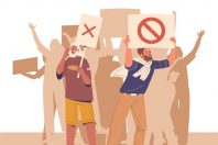 Furious people cartoon characters participating political rally, human rights picket or labor strike
