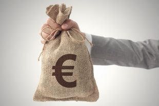 Money bag with Euro sign European Union currency business man holding up
