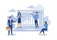 graphic design, analysis of statistical data in a computer, work with data. competently planned startup. market research and information flat vector illustration