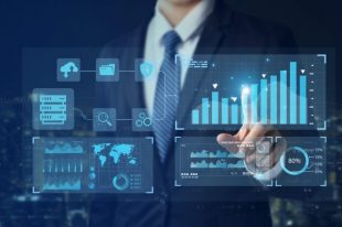 Data Management System (DMS) and Data Analysis. businessman  working on a virtual computer connected to the dashboard to provide information for Key Performance Indicators (KPI), marketing analysis