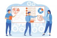 Big data science analysis concept.  Business team brainstorming and analyzing data analysis report. flat vector modern illustration