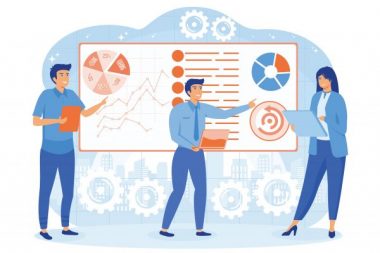 Big data science analysis concept.  Business team brainstorming and analyzing data analysis report. flat vector modern illustration