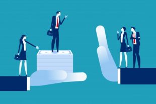 Business people with acquisitions and rejection. Business finance and industry