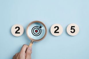 Happy new year 2025 with business concept. 2025 year number with Target icon inside the golden magnifying glass on light blue background. Planning for goal and success concepts. New Year resolution