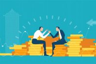 Two business man fighting with Arm wrestling. Business people sitting on pile of golden coins and negotiating the deal. Business concept illustration