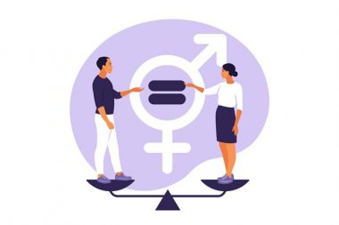 Gender equality concept. Men and women character on the scales for gender equality. Vector illustration. Flat.