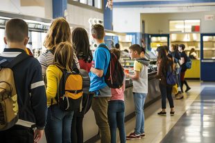 Students standing in line at a school cafeteria, waiting to get their lunch. They carry backpacks and engage in casual conversation.