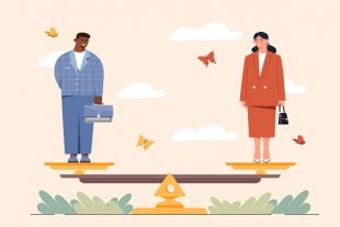 Gender equality concept. Man and woman on scales. Tolerance and unity, equality. Stop sexism, gender and sex discrimination. Equal career opportunities. Flat vector illustration