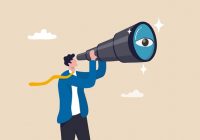Search for opportunity, business vision, success direction or finding new employee, career future, secret discovery or research concept, businessman look through telescope or binoculars with big eye.