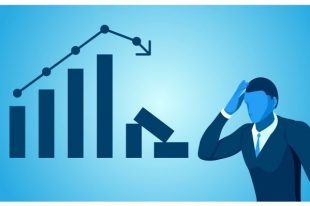 vector businessman holding a dizzy head because of the loss and destruction of the report graph. illustration of poor financial condition.